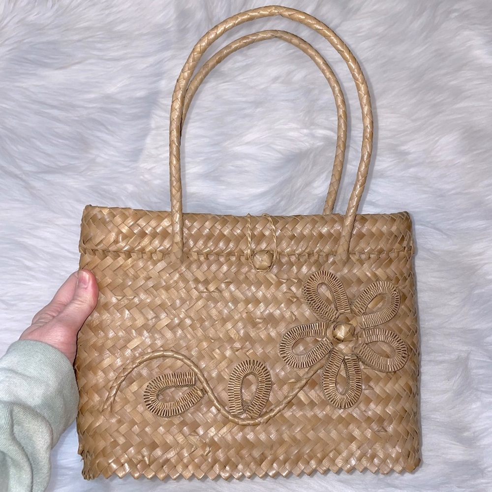 Vintage Wicker Straw Flower Bag Purse